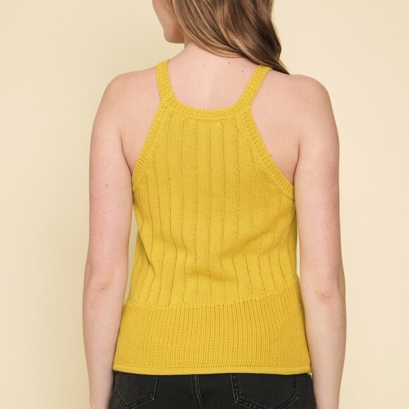 MYSTREE Mustard Yellow Ribbed Knit Halter Tank Top, High Neck Sleeveless Sweater - Picture 4 of 7